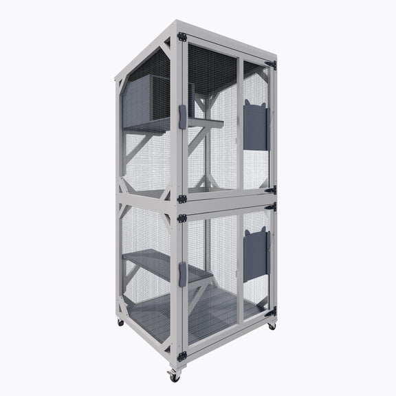 Large Wooden Catio on Wheels, 71.2" Multi-Level Cat House