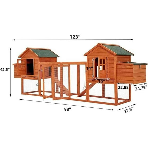 Large Wooden Chicken Coop With Garden Bed, Outdoor Hens House With Ramps And Nesting Boxes Removable Trays For Garden Backyard, 123" X 27.5" X 42.5", Natural Wood