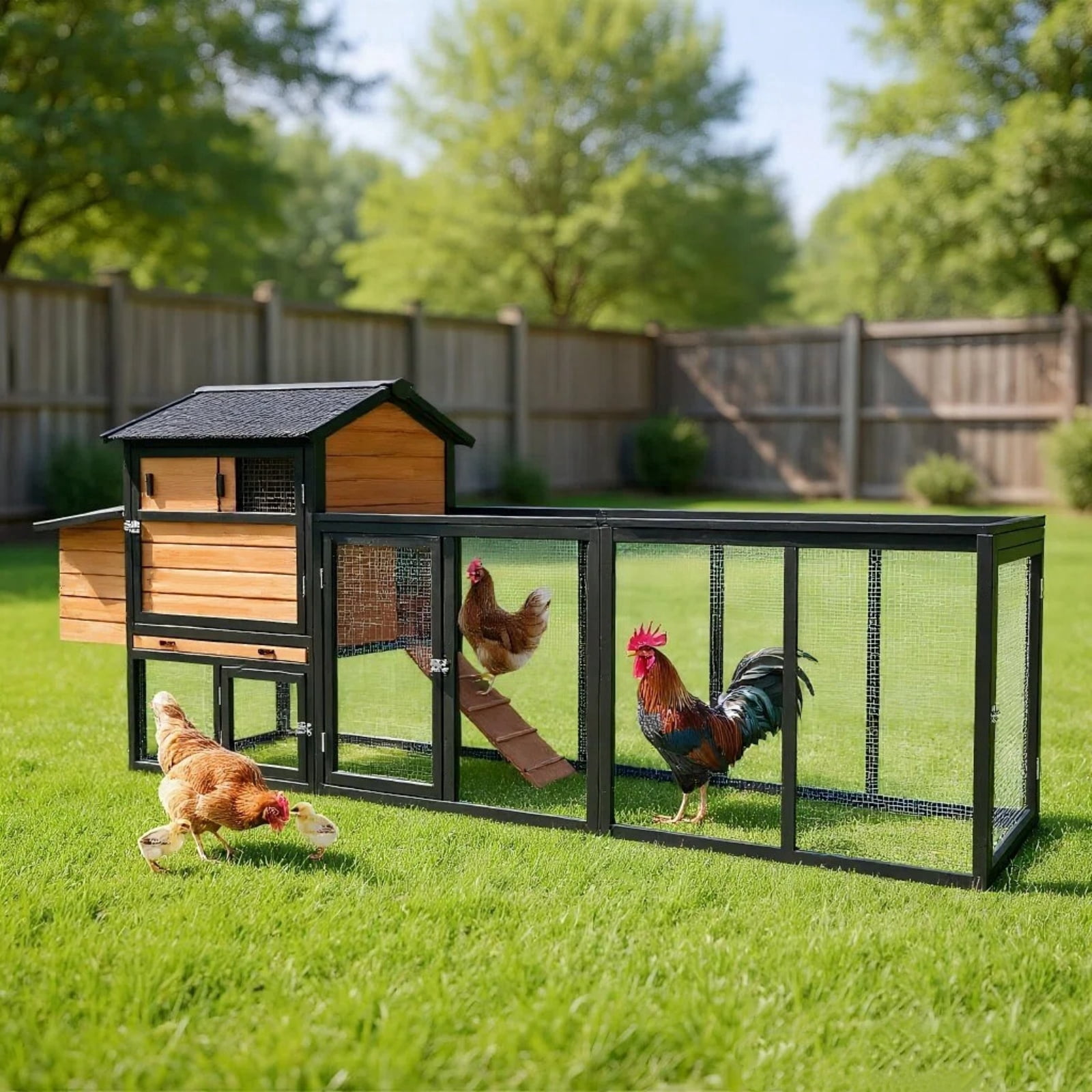 Large Wooden Chicken Coop with Outdoor Run - Waterproof & Anti-UV Hen House, Rabbit Hutch, Poultry Cage with Nesting Box