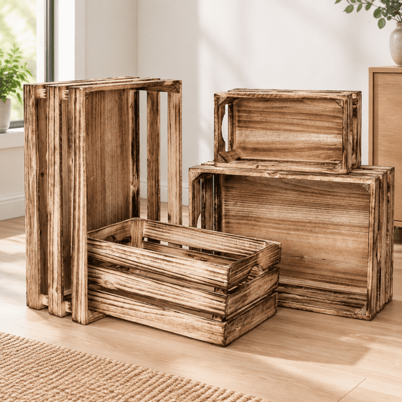 Large Wooden Crates Set of 4 Decorative Storage Box with Handles, Rustic Torched Brown Farmhouse Wooden Crates for Display, Organizer Container Baskets Box for Kitchen, Pantry, Bedroom