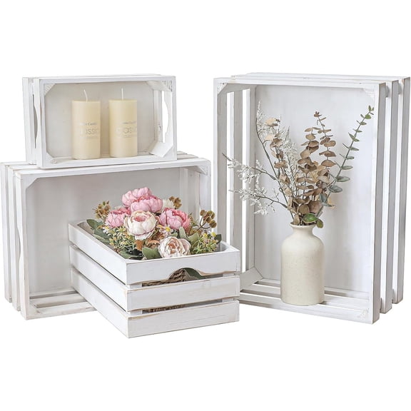 Large Wooden Crates Unfinished Set of 4 Storage Crates, Decorative Wood Storage Crate for Display Rustic, Nesting Wooden Container Boxes Made from 100% Wood