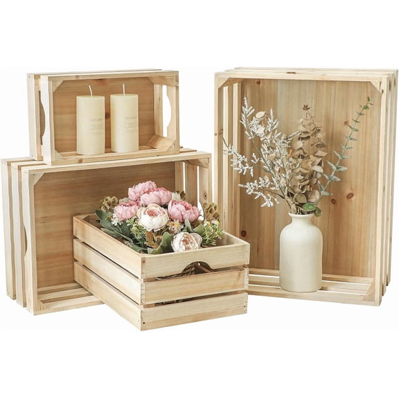 Large Wooden Crates Unfinished Set of 4 Storage Crates, Decorative Storage Crate for Display Rustic, Nesting Wooden Container Boxes Made from