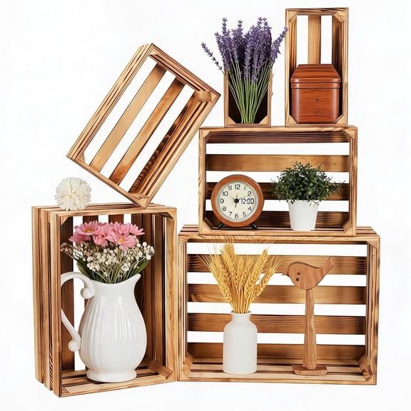 Large Wooden Crates for Display 6 Pack – Stackable Rustic Farmhouse Storage Baskets with Handles