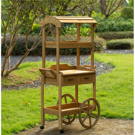 Large Wooden Display Rolling Table with Drawers and Wheels 3 Tier with Shelves for Food and More