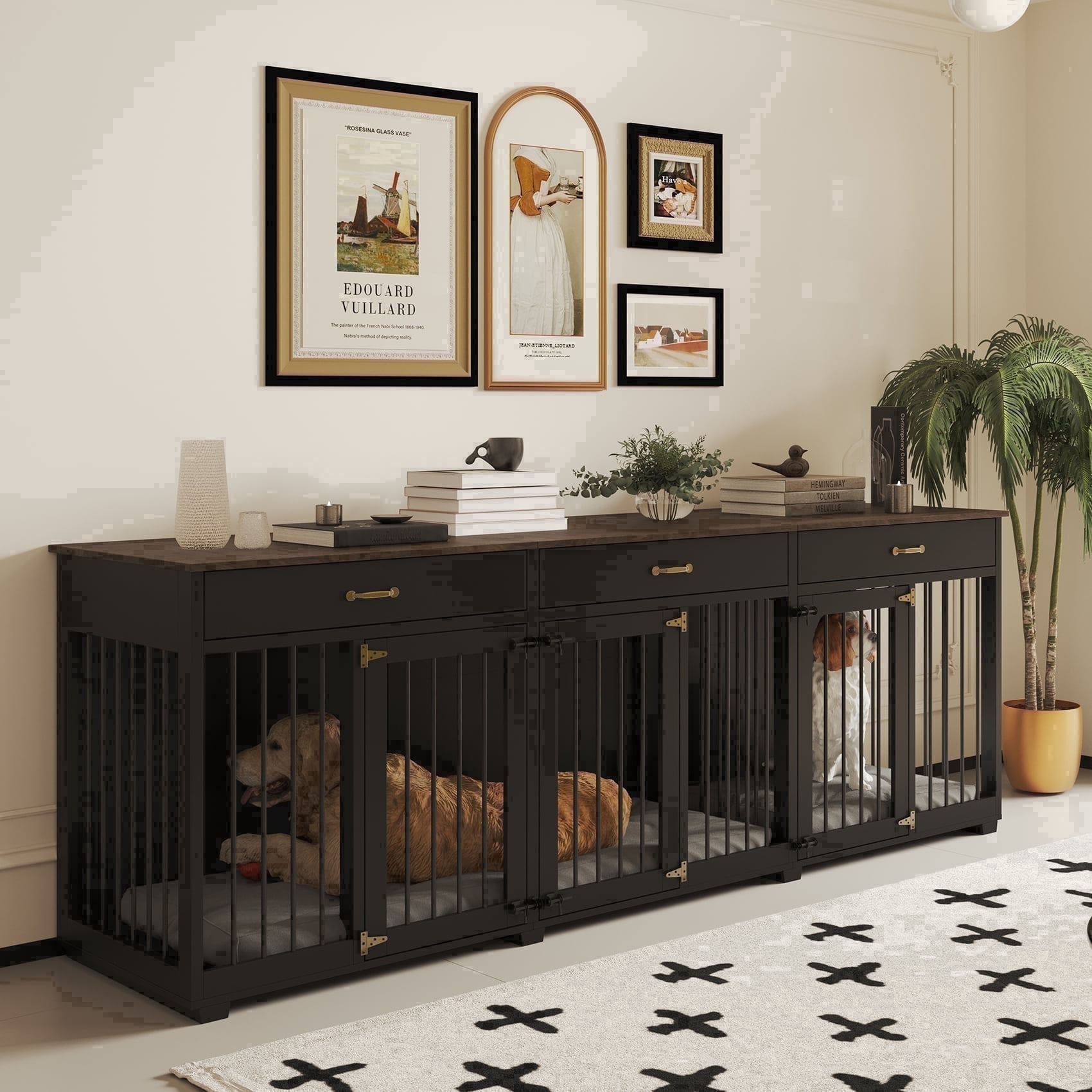Jenser Multi-Functional 3-Door 95" Wooden Furniture Style Crate for Dog with 2 Dividers