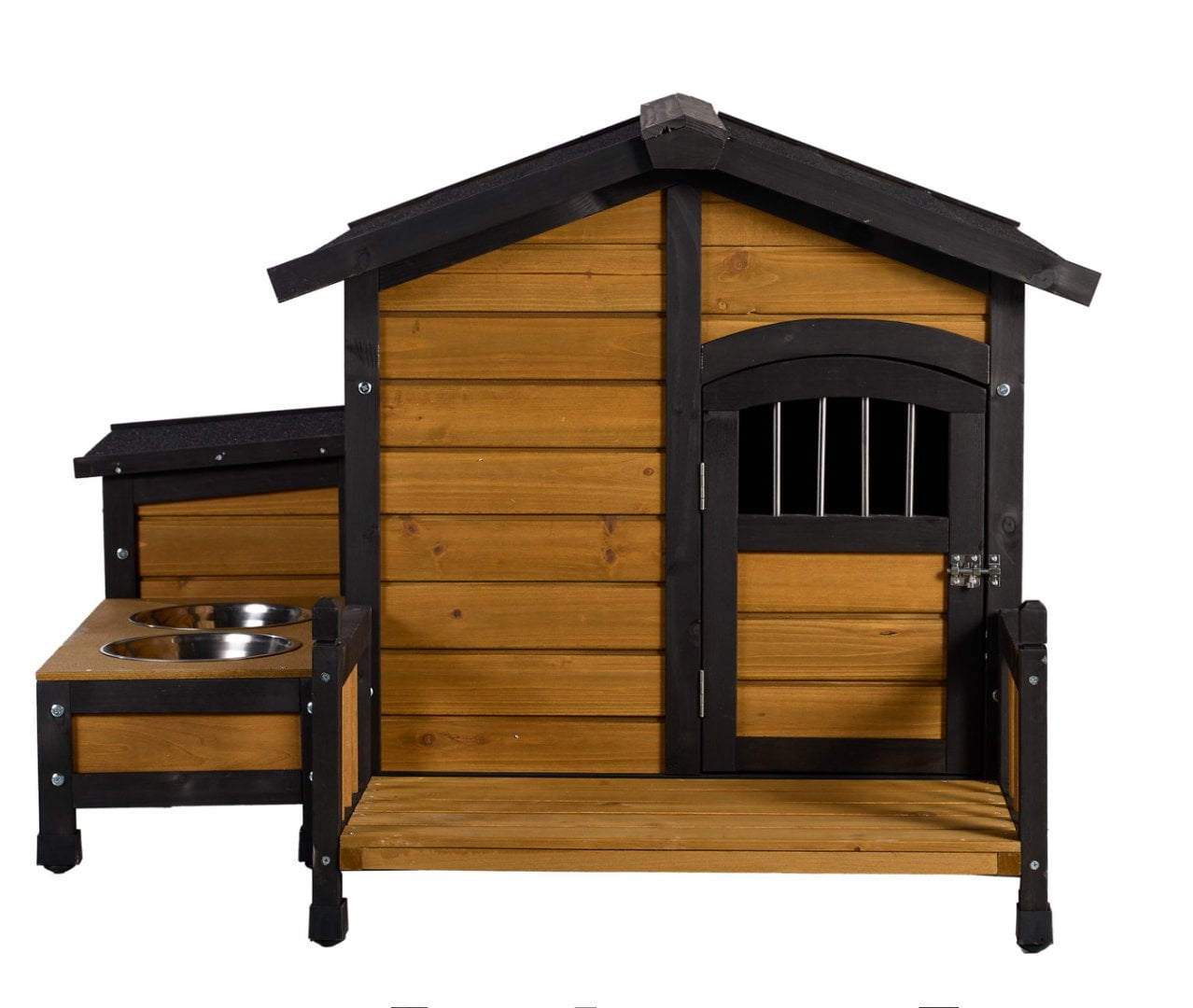 Large Wooden Dog House with Storage Box and Feeding Station, Outdoor Pet Kennel with Asphalt Roof, Porch, and Lockable Door Weatherproof Fir Wood Dog Home for Small to Medium Dogs
