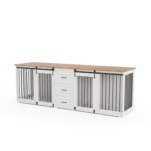 Large Wooden Double Dog Crate TV Stand with 3 Drawers and Sliding Doors