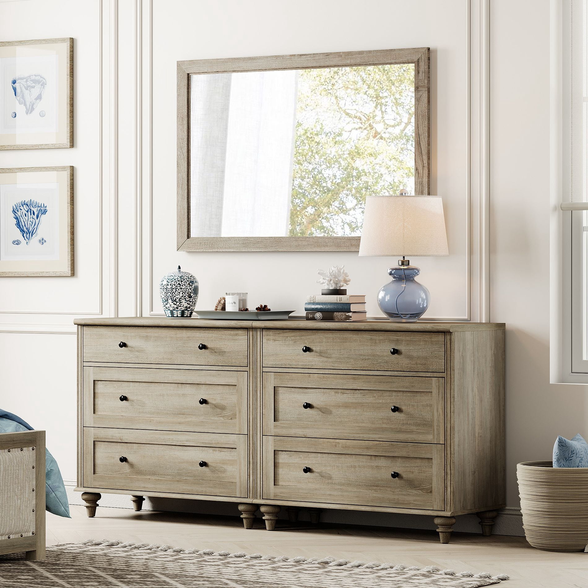 Large Wooden Dresser, 6 Wide Drawers Organizer for Living Room Hallway