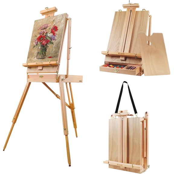 Large Wooden French Easel Sketchbox with Adjustable Tripod Stand, Drawer and Palette for Painting, Sketching and Display for Artists and Professionals