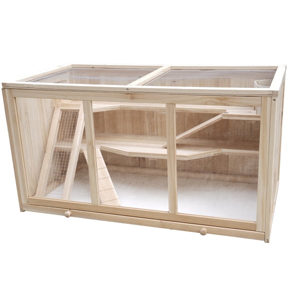 Large Wooden Hamster Cage with Acrylic Windows  Multi-Level Small Pet Habitat with Deep Tray, Ventilated Hutch for Syrian Dwarf Hamsters, Rabbits, Guinea Pigs, Chinchillas, Natural Wood