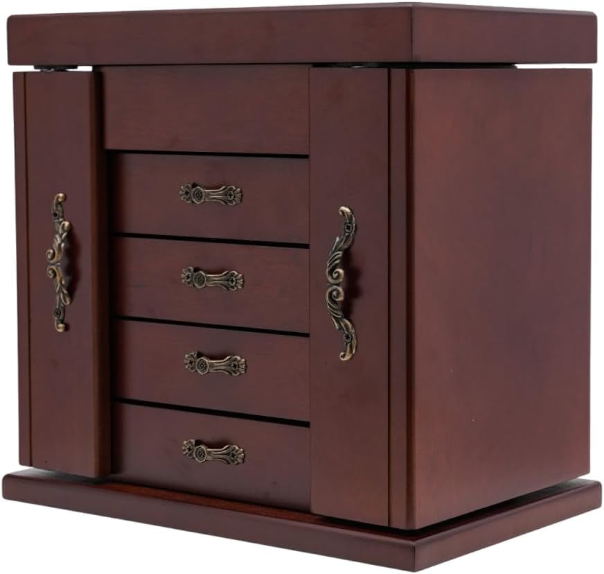 Large Wooden Jewelry Box with Built-in Mirror, 5 Drawers Jewelry Case with Side Organizer, Watches Necklace Ring Storage Box for Women