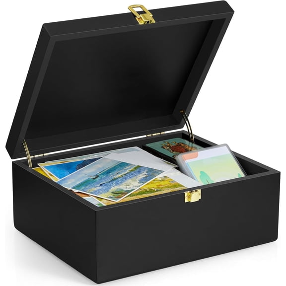 Large Wooden Keepsake Box, Black Memory Box, Decorative Storage Box with Hinged Lid, Large Card Box
