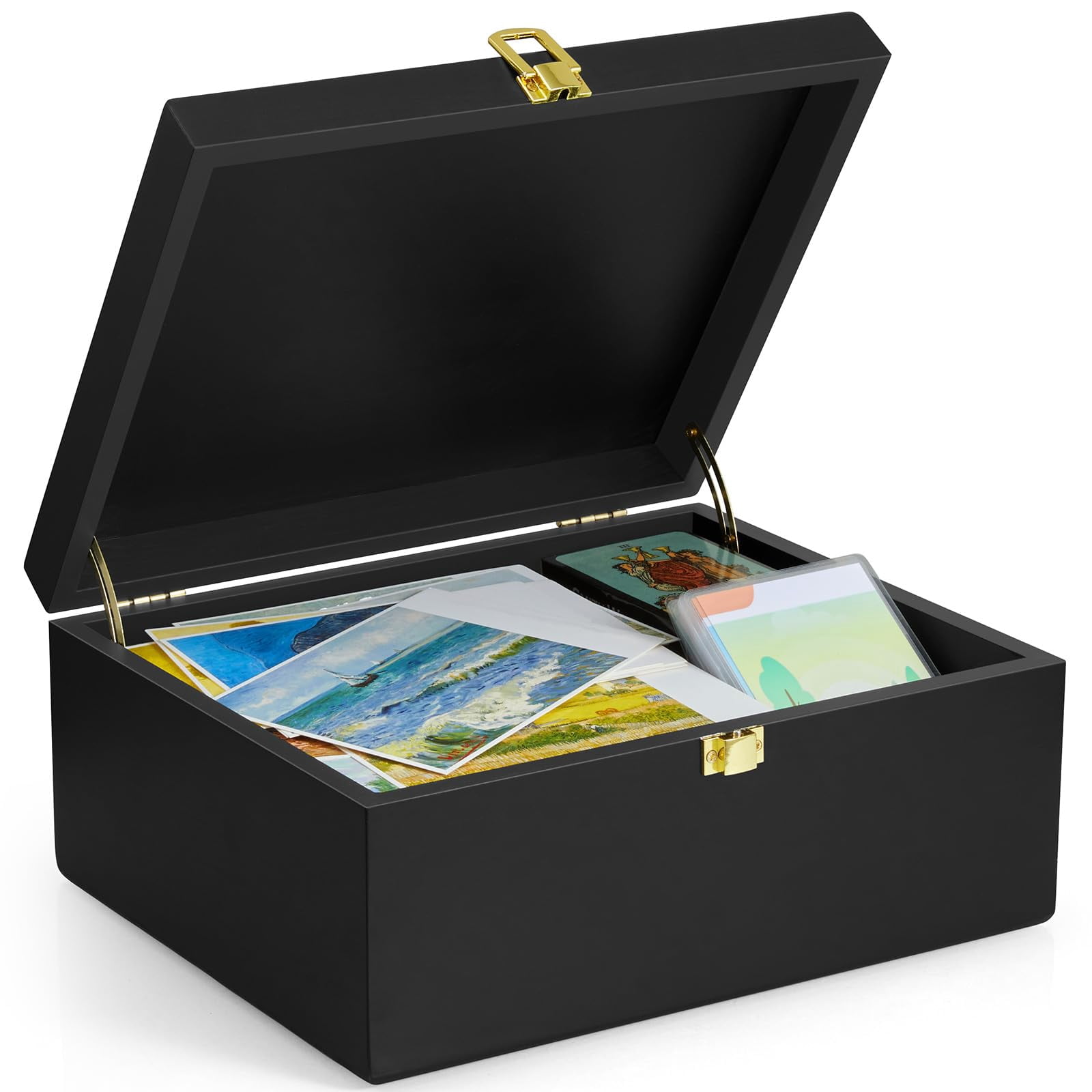 Large Wooden Keepsake Box  Black Memory Decorative Storage With Hinged Lid Card