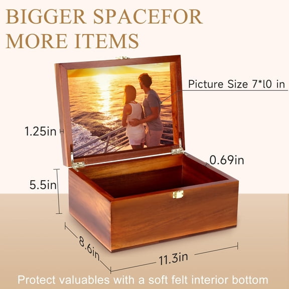 Large Wooden Keepsake Box with Hinged Lid and Photo Frame - Elegant Wedding Memory Box, Ideal for Photos, Letters,  Capsules, Bride Gift, Love, Decorative Storage5.5*8.6*11.3