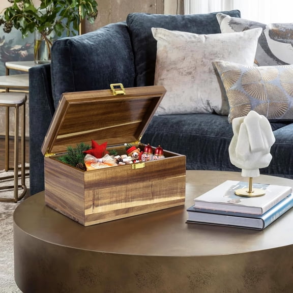 Large Wooden Keepsake Memory Box, 10MM Thick Acacia Wood Storage Box with Hinged Lid