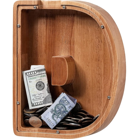 Large Wooden Kids Letter Piggy Bank - Piggy Bank for Boys Girls - Alphabet Money Bank with Initial D - Coin Bank for Birthday