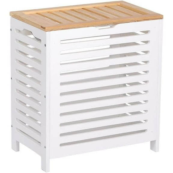 Large Wooden Laundry Clothes Storage Bins, Bamboo Hamper Laundry Sorter Basket Home Organizer With Lid For Bathroom, Bedroom - White