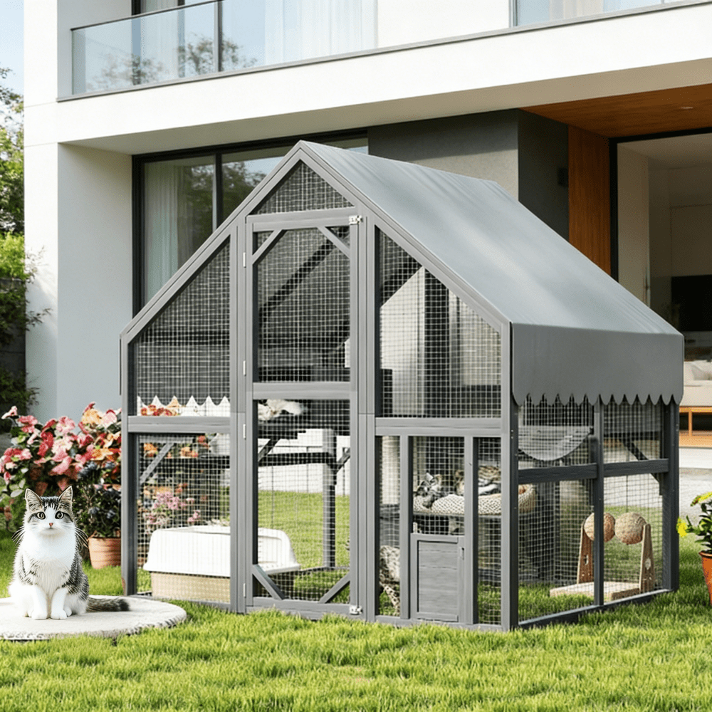 Large Wooden Outdoor Cat Enclosure with 7 Platforms, Resting Boxes & Waterproof UV-Proof Canopy
