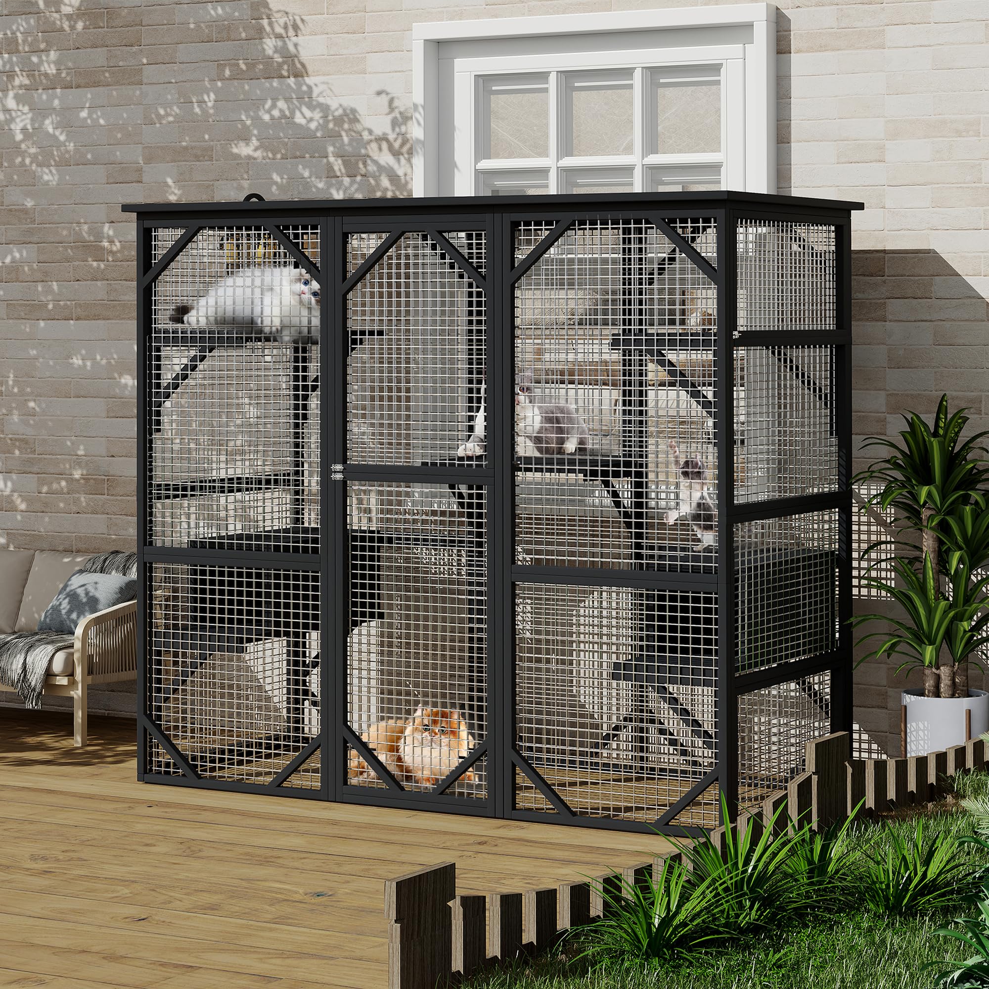 Large Wooden Outdoor Catio Enclosure with Window Acces, Spacious Outdoor Cat House for Patio & Backyard, Indoor Cat Playpen