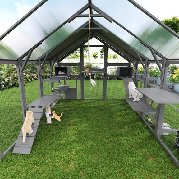 Large Wooden Outdoor Catio with Planter Stand, Walk-In Cat Enclosure with Hanging Bridge, 8 Platforms, 2 Resting Boxes & Scratching Post, Waterproof Sunshine Board Cat House for Multiple Cats