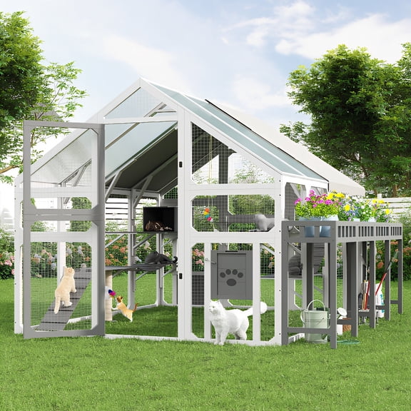 Large Wooden Outdoor Catio with Planter Stand, Walk-In Cat Enclosure with Hanging Bridge, Platforms, Resting Boxes & Scratching Post, Waterproof Sunshine Board Roof Cat House for Multiple Cats
