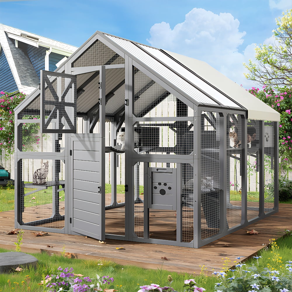 Large Wooden Outdoor Catio, Walk-in Cat Enclosure with 8 Platforms, 2 Insulated Resting Boxes & Bridges, All Weather PVC Roof Cat House for Multiple Cats