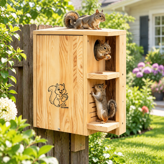 Large Wooden Outdoor Squirrel House, 2-in-1 Nesting Box with Feeding Station