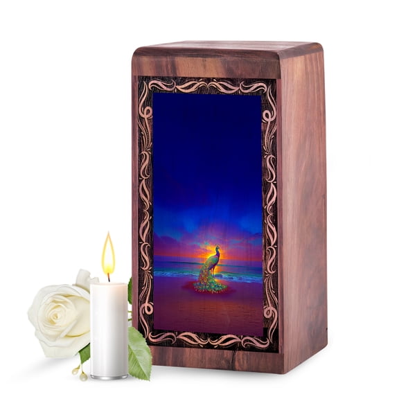 Large Wooden Peacock Urn for Human Ashes (11.25 Inch) – Blue Handcrafted Cremation Urn for Adult Male & Female, Elegant Memorial Urn Box