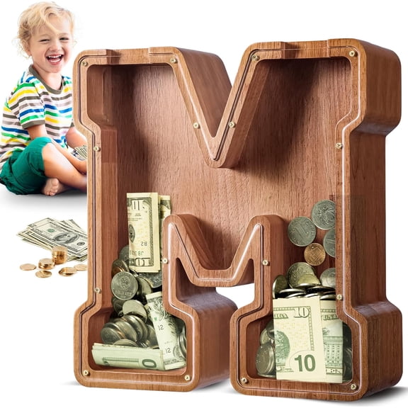 Large Wooden Piggy Bank for Kids Adults, Alphabets Letter A-Z Piggy Bank for Boys Girls, Coins Bills Change Bank Box Personalized Initial Name Kids Money Bank for Birthday Present and Decor