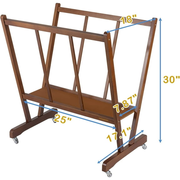 Large Wooden Print Rack with Rolling Casters, Art Storage for Canvas, Prints, Panels, Brown