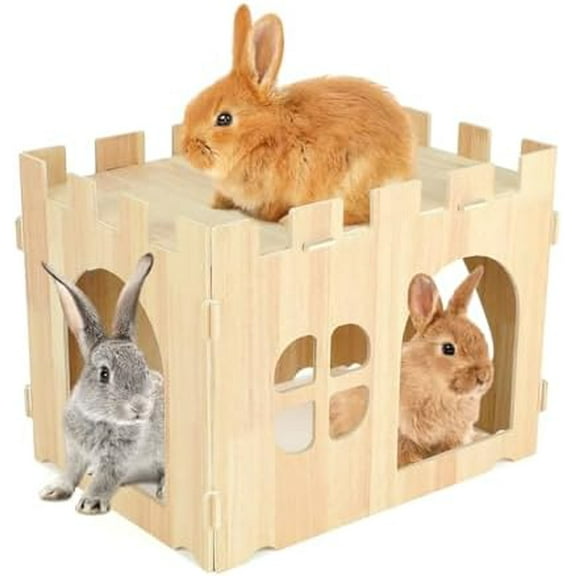 Large Wooden Rabbit House and Hideouts Bunny Castle Detachable Small Animal Play Hideaway Rabbit Hideout Cage Accessories for Indoor Adult Rabbit Guinea Pig Chinchilla Habitat