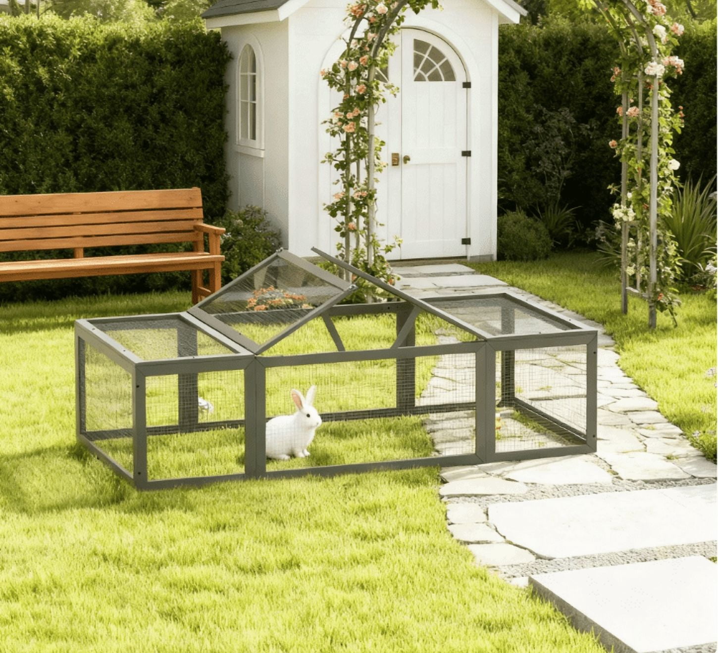 Large Wooden Rabbit Hutch Habitat Enclosure Outdoor Run and Lockable Doors, Gray
