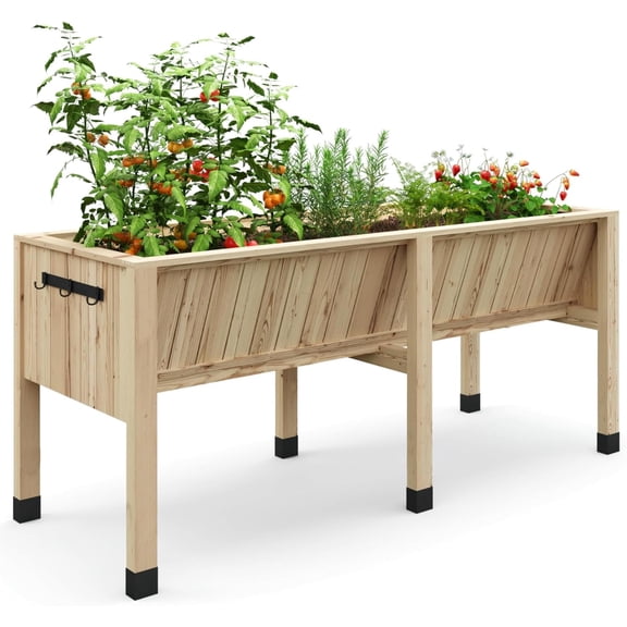 Large Wooden Raised Garden Bed with Legs, 72x26x31 Inch Deep Elevated Planter Box with Hooks and Liner, for Outdoor Patio Balcony Backyard, Vegetables Herbs Flowers, Natural Wood / Oak / Log Color