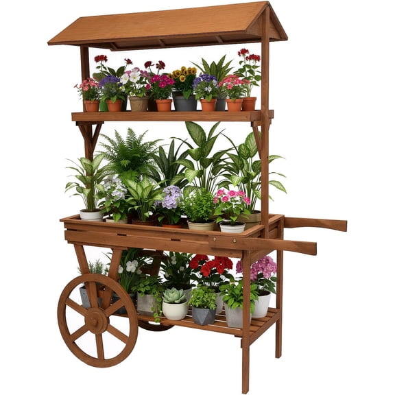 Large Wooden Rolling Table Cart, 3-Tier Flower Cart Display Stand with 2 Wheels, Retro Cedar Wood Wagon with Shelves for Display Rack, Coffee Station, Food Stand, Beverage Bar, and Tea Stall