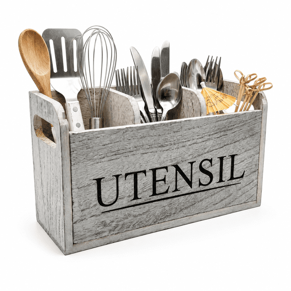 Rustic White Wooden Utensil Holder Large Countertop Silverware Organizer
