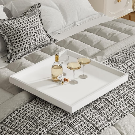 Large Wooden Serving Tray for Coffee Table and Ottoman - 24 Inch Square White Wood Tray