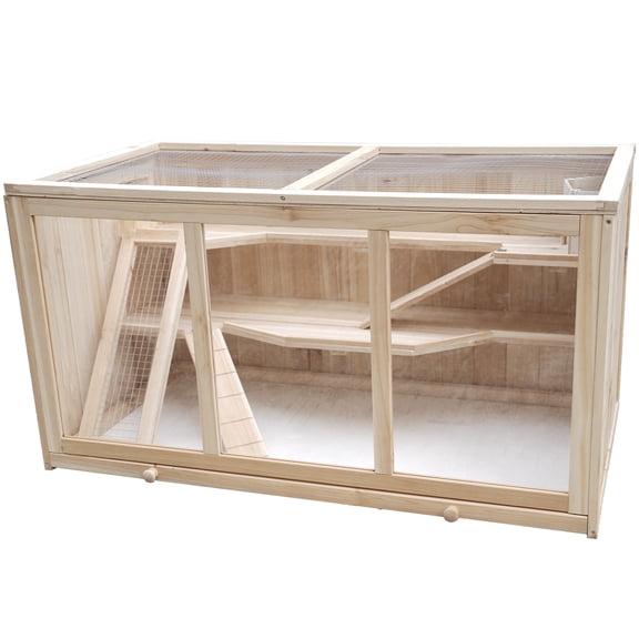 Large Wooden Small Pet Cage, Multi-Level Habitat with Acrylic Windows, Deep Slide-Out Tray & Ventilated Top, for Hamsters, Rabbits, Guinea Pigs and Chinchillas