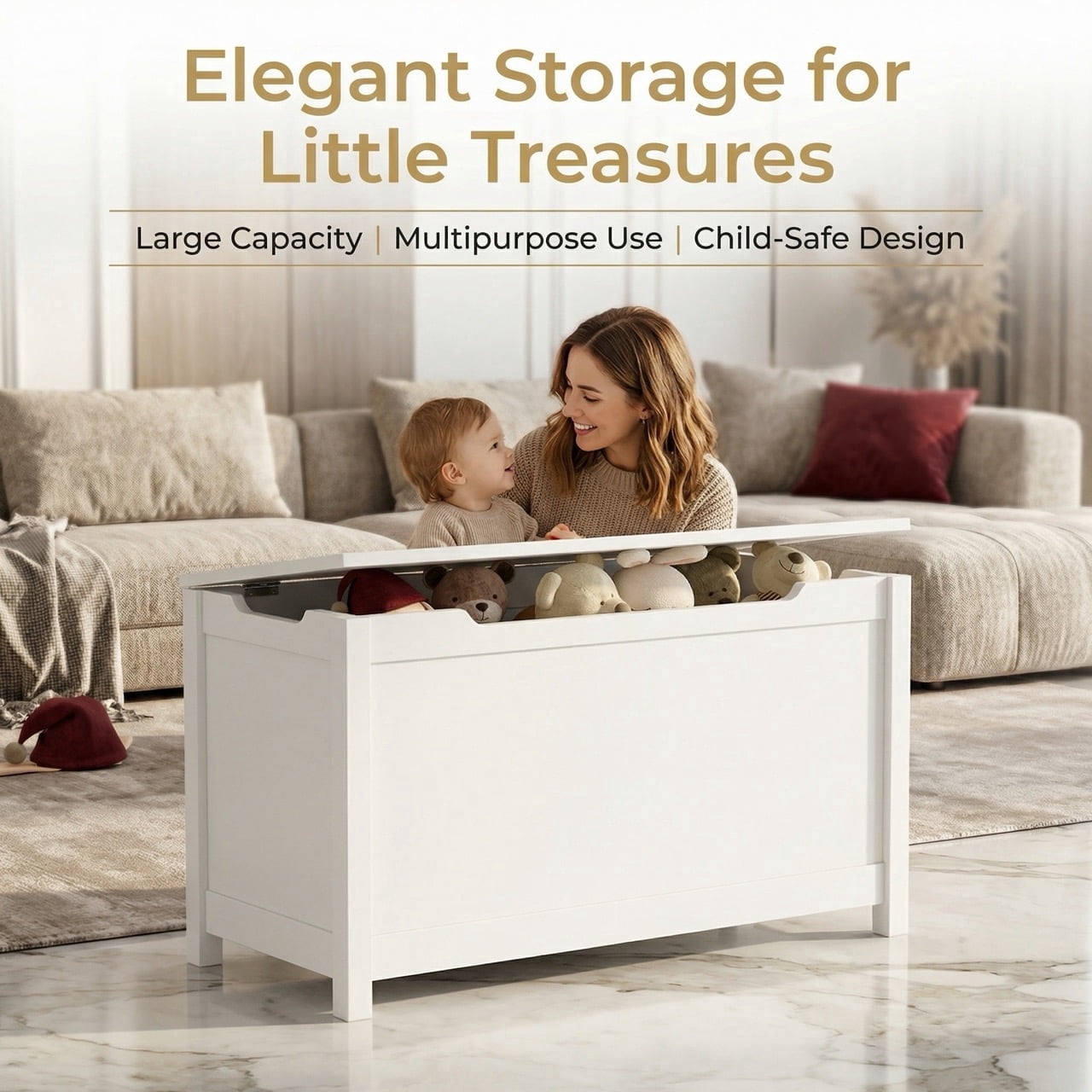 Large Wooden Toy Box for Toddlers, Multipurpose Storage Chest & Bench with Safety Lid, Organizer Cabinet for Kids Room and Nursery, White