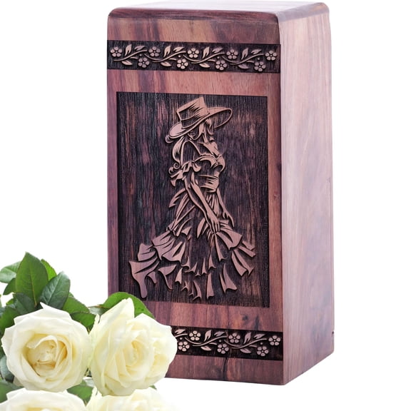 Large Wooden Urn Featuring Flamenco Design | 10-Inch Unique Memorial Tribute, Black Wood Keepsake Urn