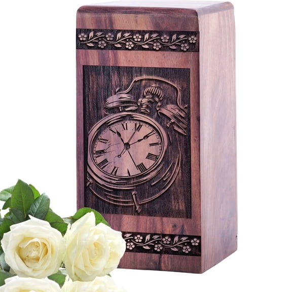 Large Wooden Urn with Clock Carving | 10-Inch Memorial Chest | Artistic Ashes Holder, Black Wood Keepsake Urn