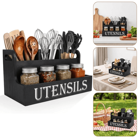 Large Wooden Utensil Holder, 2 Layers 4 Compartments Countertop Utensil Caddy, Farmhouse Kitchen Utensil Organizer for Spoon, Flatware and Cooking Tool Storage