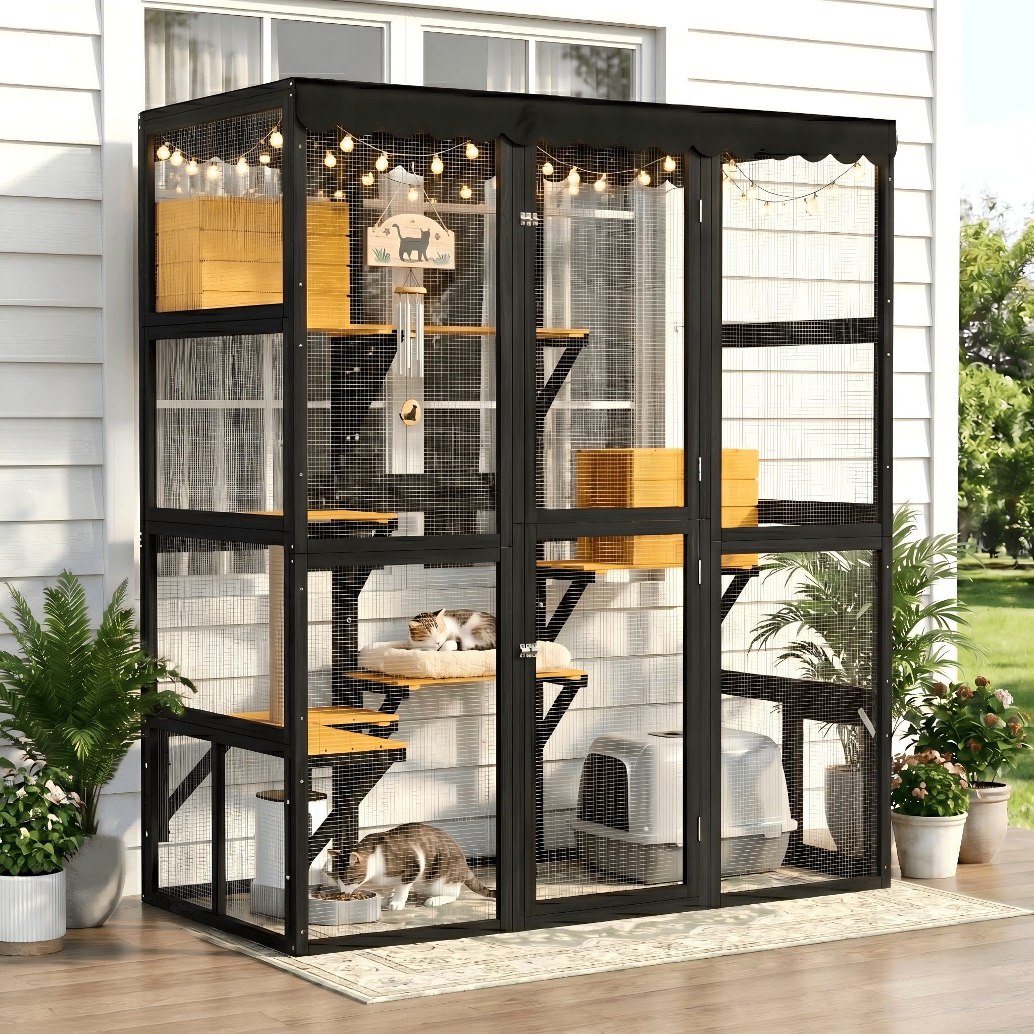 Large Wooden Walk-in Catio Enclosure, Indoor Outdoor Cat House with Window Connection, 2 Condos, 5 Platforms, 4 Doors, Weatherproof Roof Cover