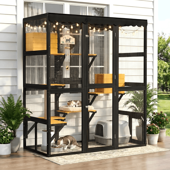 Large Wooden Walk-in Catio Enclosure, Indoor Outdoor Cat House with Window Connection, 2 Condos, 5 Platforms, 4 Doors, Weatherproof Roof Cover
