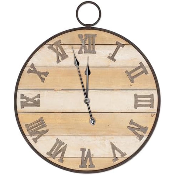 Large Wooden Wall Clock - Antique, Vintage, Rustic, Country Farmhouse Style - Real Wood - Iron Roman Numeral Design - Built-in Wall Hanging Ring - 23.5" x 28"$$Home Decor, Kitchen, & Other