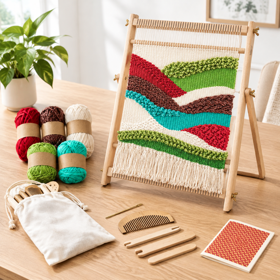 Large Wooden Weaving Loom Kit for Adults, Beginner-Friendly Table and Lap Craft Tool with Yarn