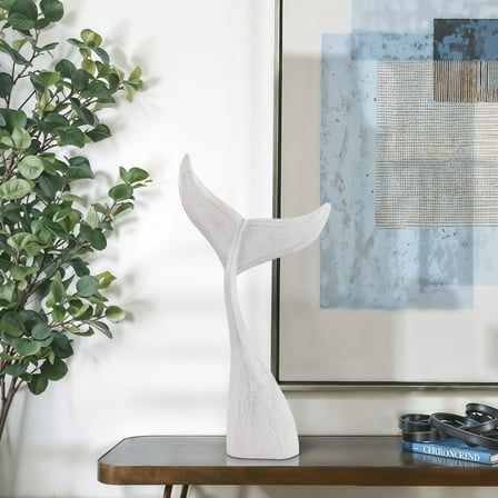 Large Wooden Whale Tail Decorative Decor - Ocean Inspired Sculpture Home, Bathroom, and Office Decor - Costal Statue Ornaments Accent for Living Room, Shelf and Coffee Table Decor - 32", White