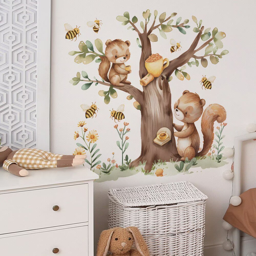 Large Woodland Animals Tree Wall Decal Set, Forest Tree with Bear Fox ...