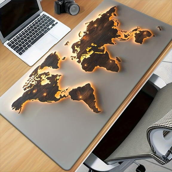 Large World Map Desk Mat - 70x30cm, Illuminated Continents, Non-Slip Rubber Base for Gaming & Office Use