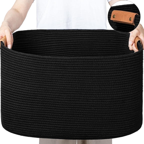 Large Woven Basket, 108 L Blanket Basket for Living Room, Nursery Bin for Toys Organizing & Laundry, Cotton Rope Hamper with Leather Handle, 25’’*16’’*16’’ Black