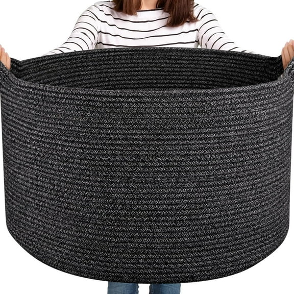 Large Woven Baskets for Storage, 22.8" x 22.8" x 13" Blanket Storage Living Room, Baby Toy Basket for Clothes, Pillows, Towels, Shoe Basket for Entryway (Black)